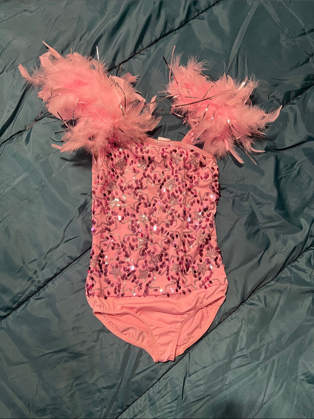 Pink Feather Trim Dance Costume Leotard